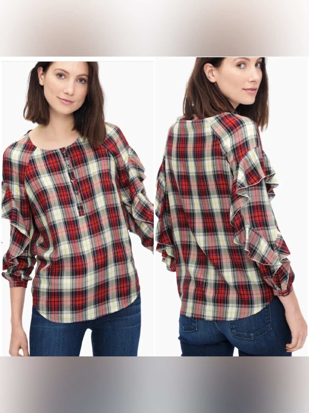 Splendid Red Plaid 1/2 Button Front Long Ruffle Sleeve Top Blouse Size XS